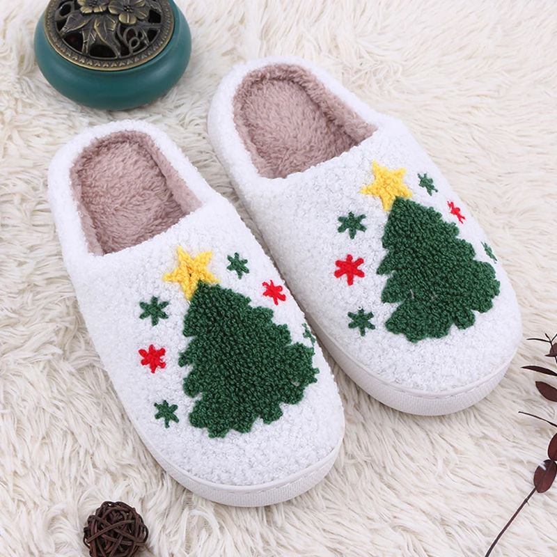 Christmas Tree Fluffy Slide Slippers Ladies Soft Plush Winter Home Footwear Party Gift for Girls Holiday Xmas Indoor Women Shoes view 5