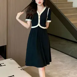 Women's Summer New Style Fashion Simplicity Patchwork V-neck Short Sleeve Dress Women Clothes Temperament Corset A-line Skirt