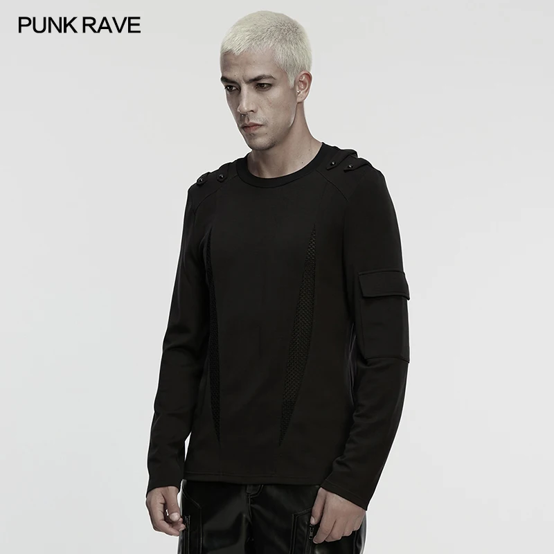 PUNK RAVE Men's Cyberpunk Simple Silhouette Cutting Stylish T-shirt Shoulder Decorative Straps Arms Pocket Dark Cool Tops