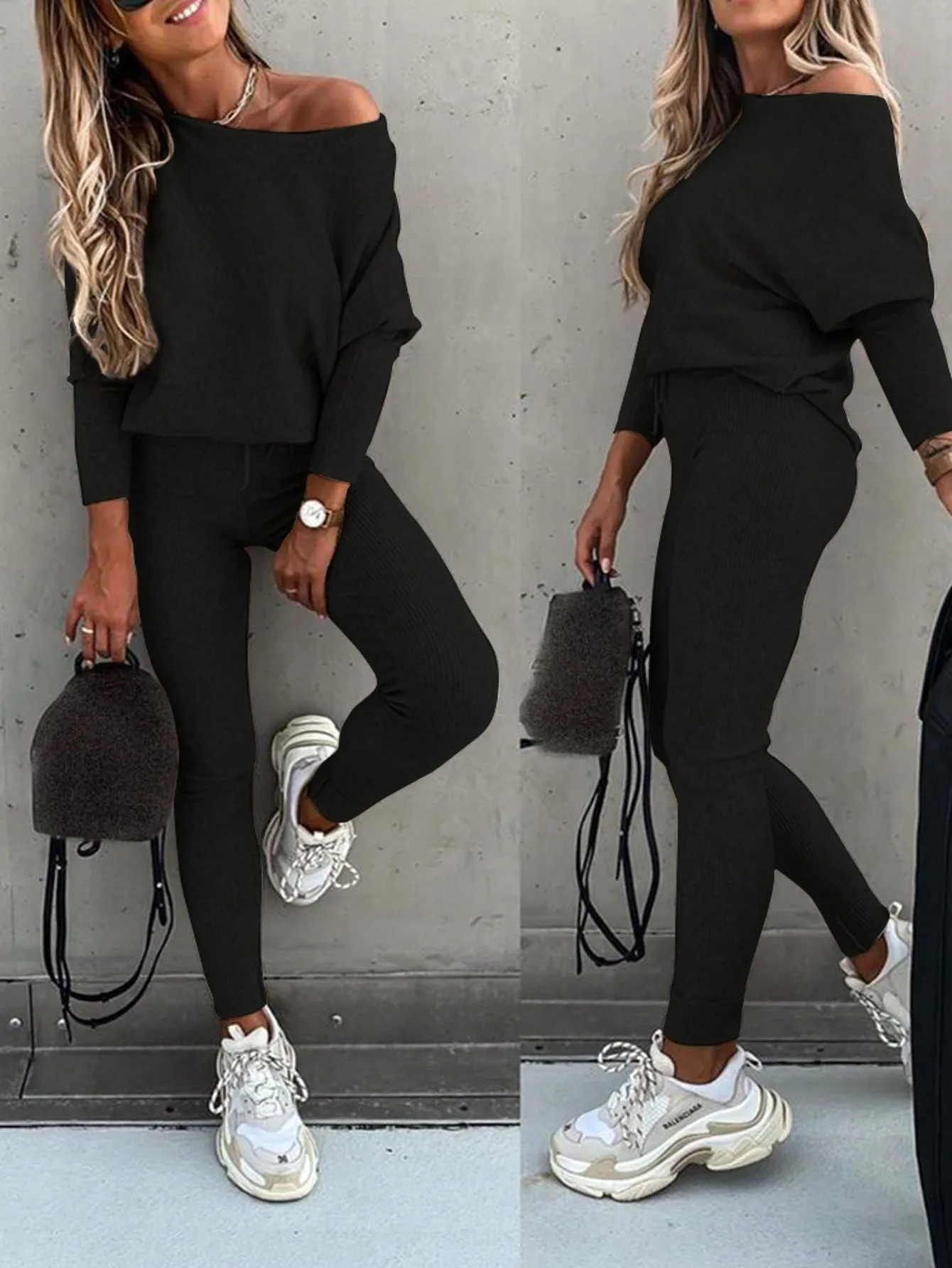 

Женский домашний костюм с открытыми плечами, длинными рукавами и брюками в рубчик с высокой талией, осенний повседневный спортивный костюм