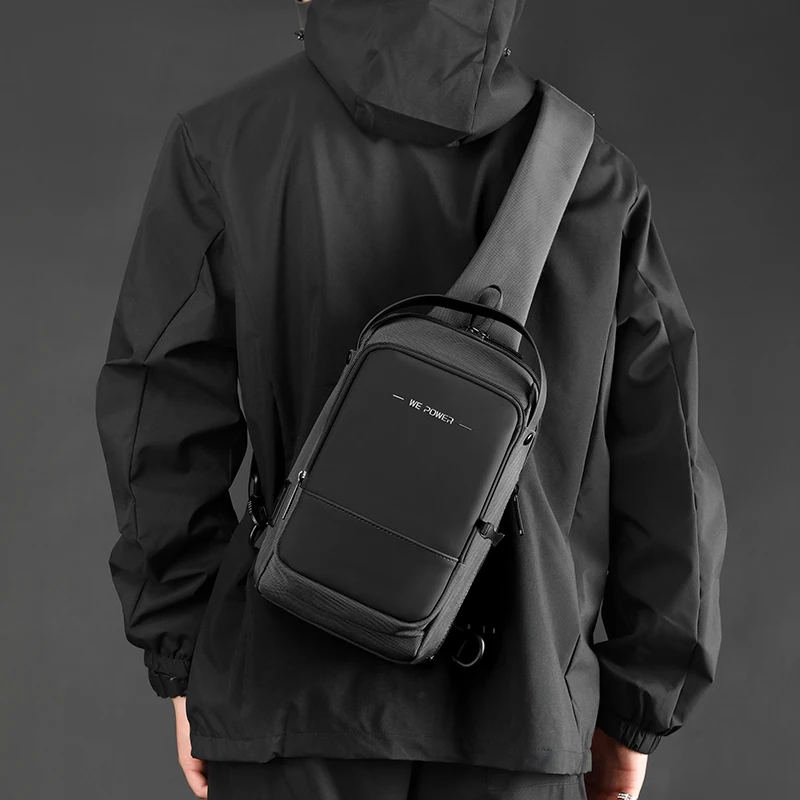 Mochila cruzada de nailon para hombre, bolso de hombro y pecho con puerto de carga USB, resistente al agua, para viaje