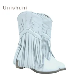 Unishuni-Botas occidentales con borlas para niña, Botines de tacón alto hasta la rodilla, color marrón, rosa y blanco, con cremallera