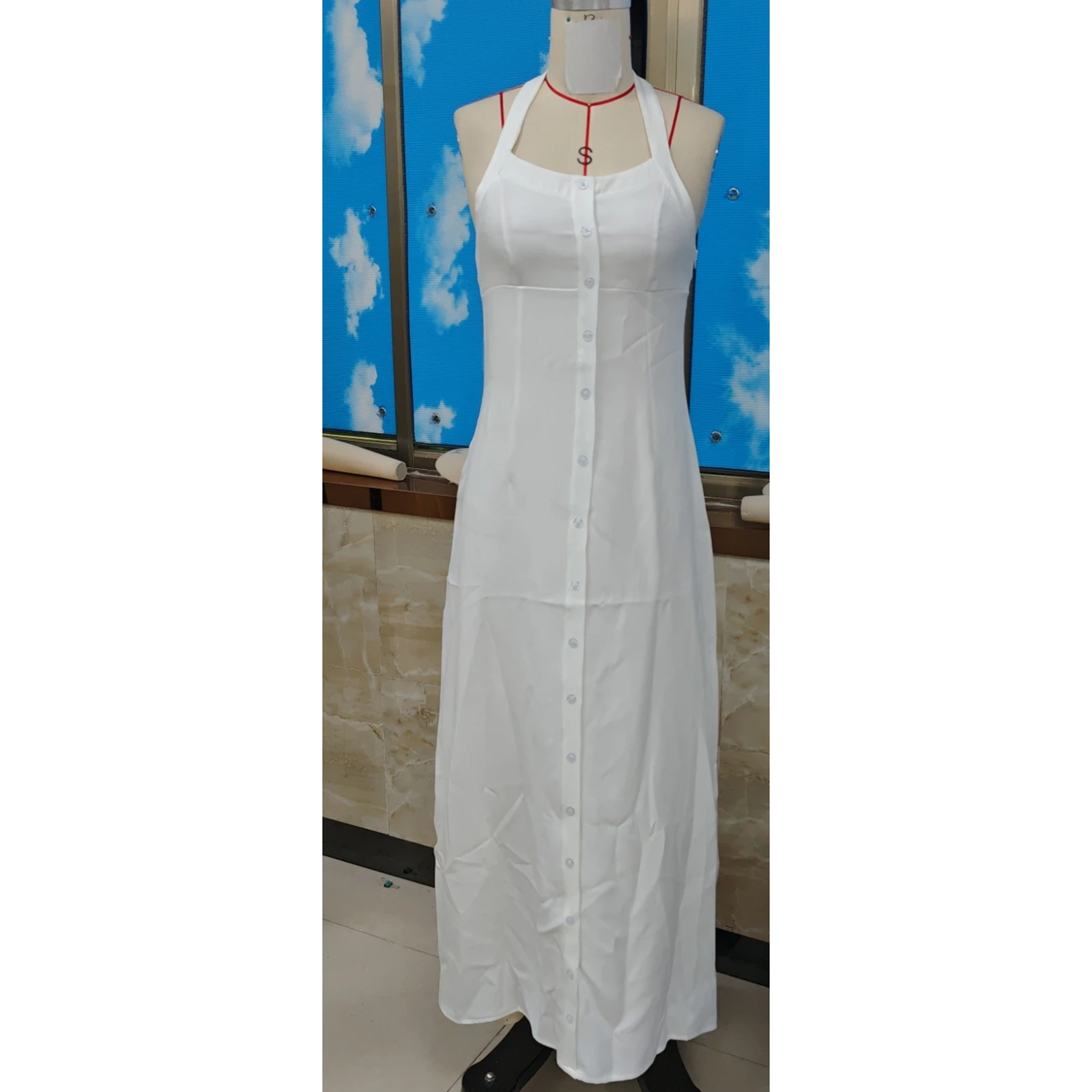 Długa sukienka damska z dekoltem typu halter, bez pleców, zapinana na guziki, sukienka koktajlowa na wakacje na plaży, letnia impreza, do noszenia na co dzień, na zewnątrz.