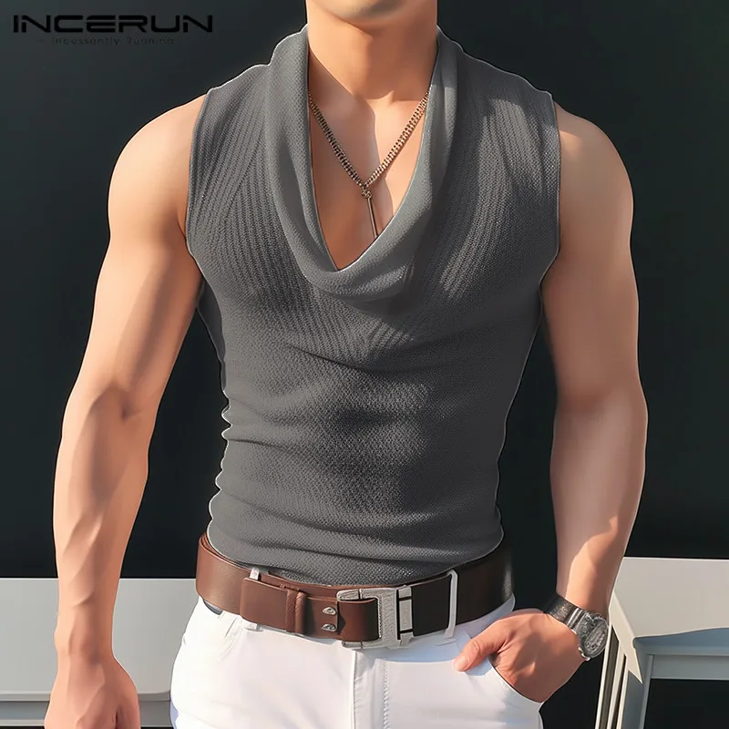 2024 Men Tank Tops Solid Color Knitted Summer Turtleneck Sleeveless Streetwear Male Vests Transparent Men Clothing S-5XL INCERUN