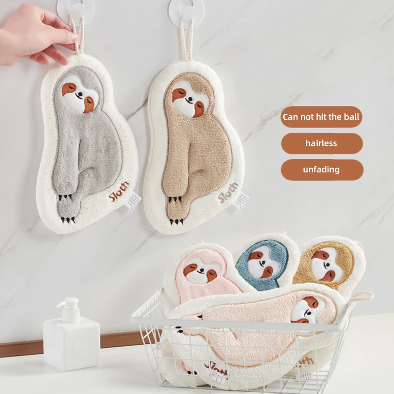 Cute Sloth Hanging Type Hand Towel Thickened Coral Velvet Absorbent And Quick Drying Towel Bathroom Kitchen Supplies