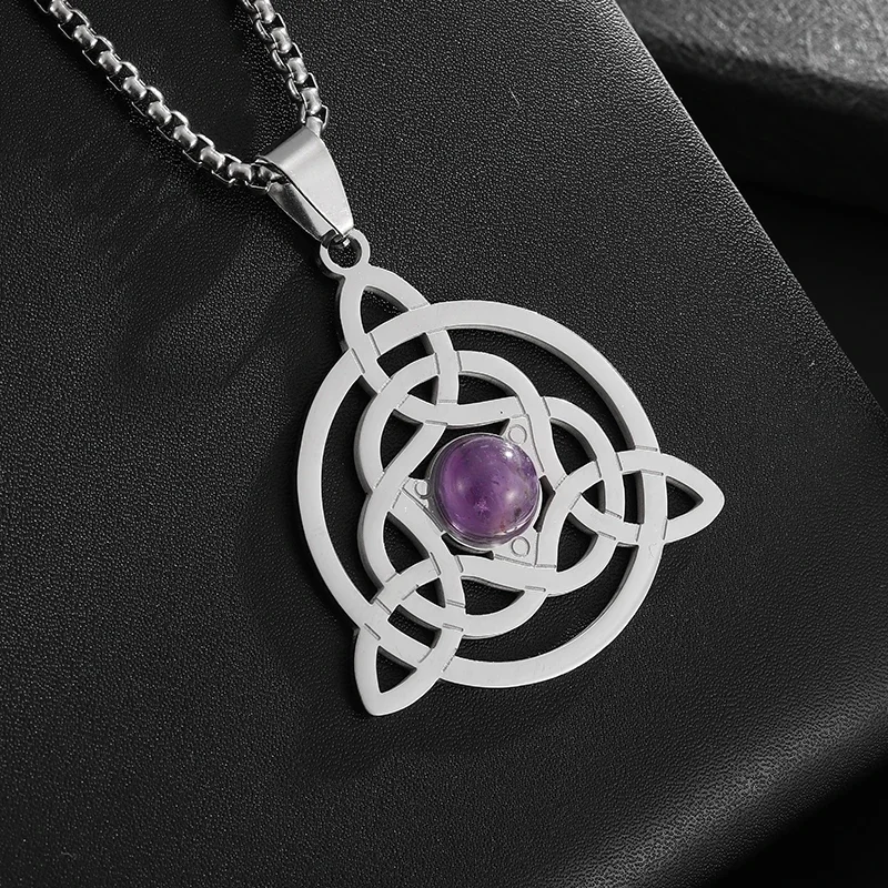 Stainless Steel Celtic Witch Knot Black Magic Stone Pendant Necklace for Men Women Fashion Charm Amulet Jewelry Gift