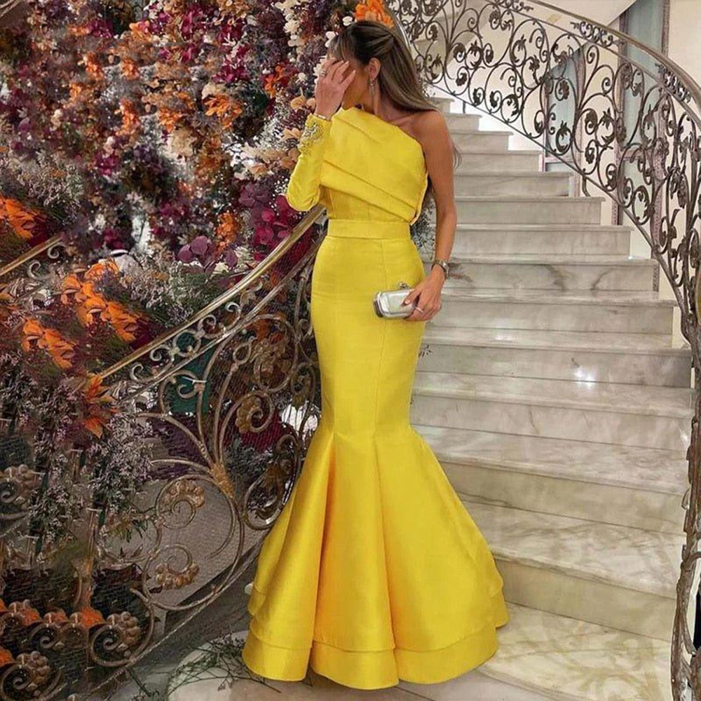 

Sharon Said Yellow One Shoulder Mermaid Evening Dress with Cape Blue Beaded Dubai Luxury Wedding Party Dress SS414 Customized