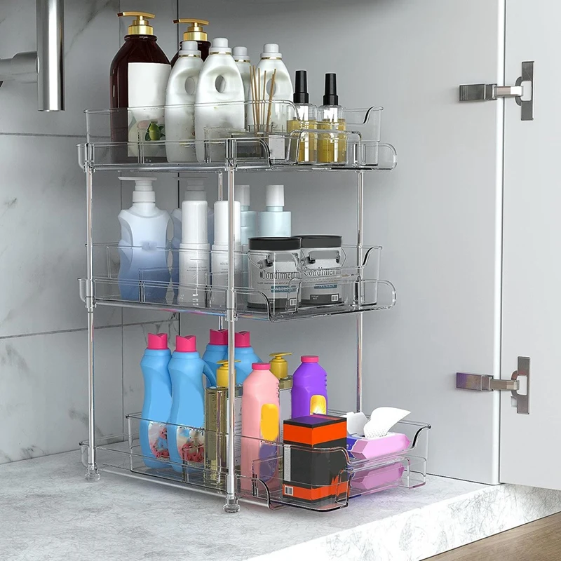 Tier Clear Pull Out Organizer with 3Pcs Storage Bins, Multi-Purpose Slide-Out Storage Container, Bathroom Kitchen