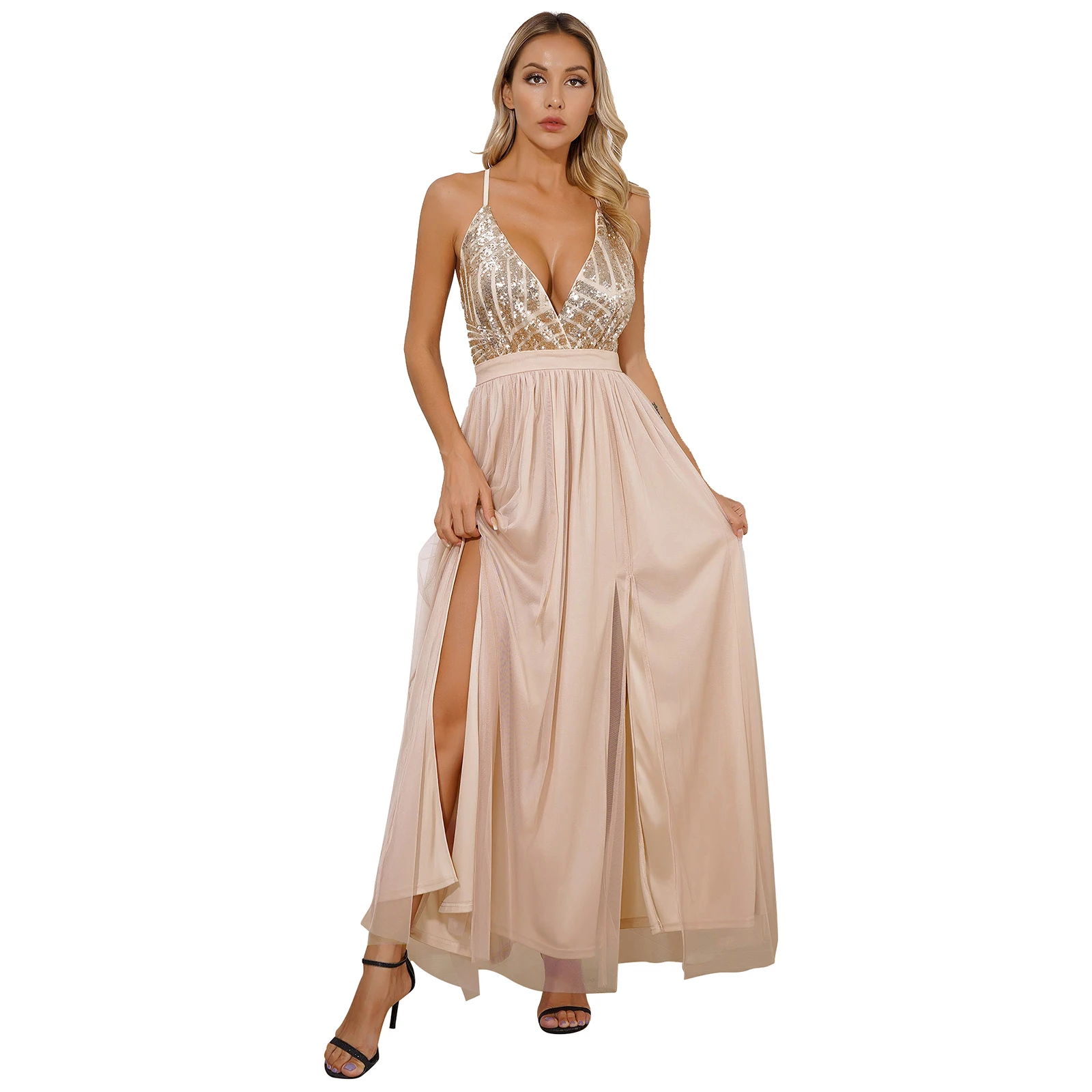 

Womens Elegant Sequins Cocktail Party Gowns Maxi Long Dress Wrapped V Neck Split Skirt Tulle Dress Wedding Bridesmaid Dress