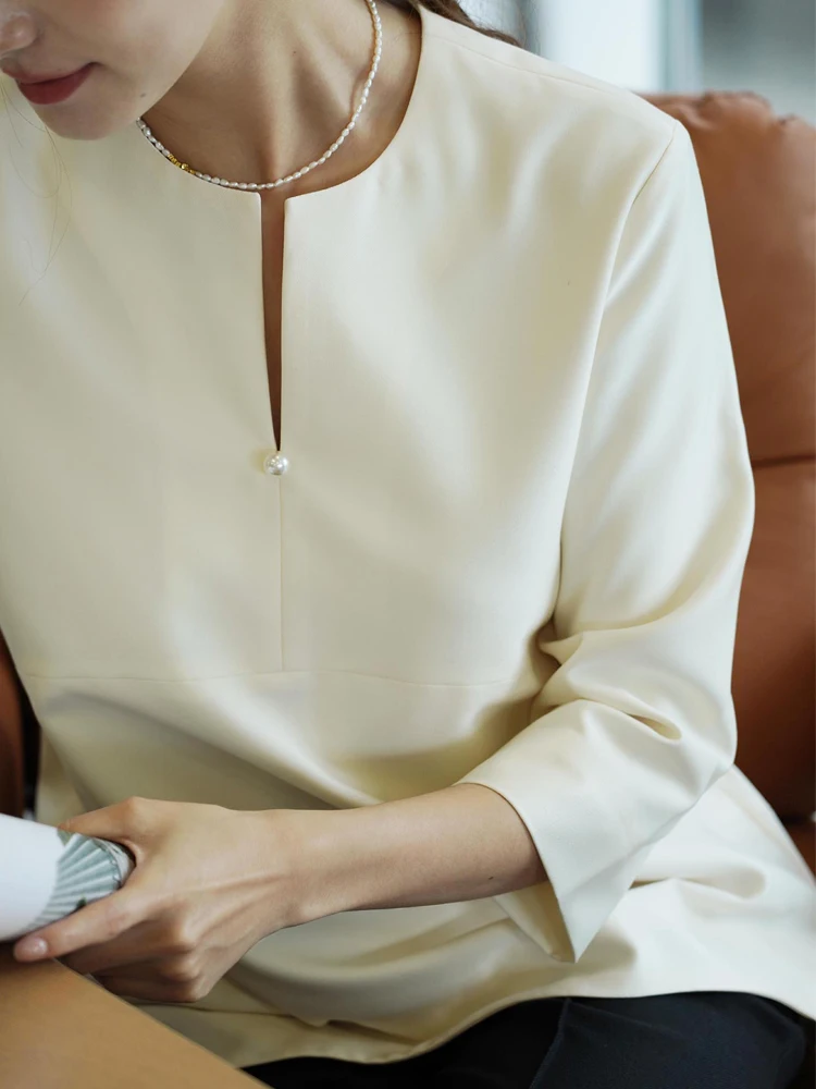 

Ele Pearl irt Svel Slim Fit Commute Sle V-Ne Polyester Fiber Seven-Quarter Sve Pure Color