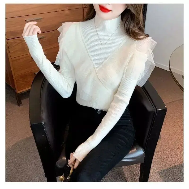 Women\'s Autumn and Winter Fashion Solid Color Pullover Half High Collar Ruffle Edge Mesh Panel Long Sleeve Slim Fit Knit Tops