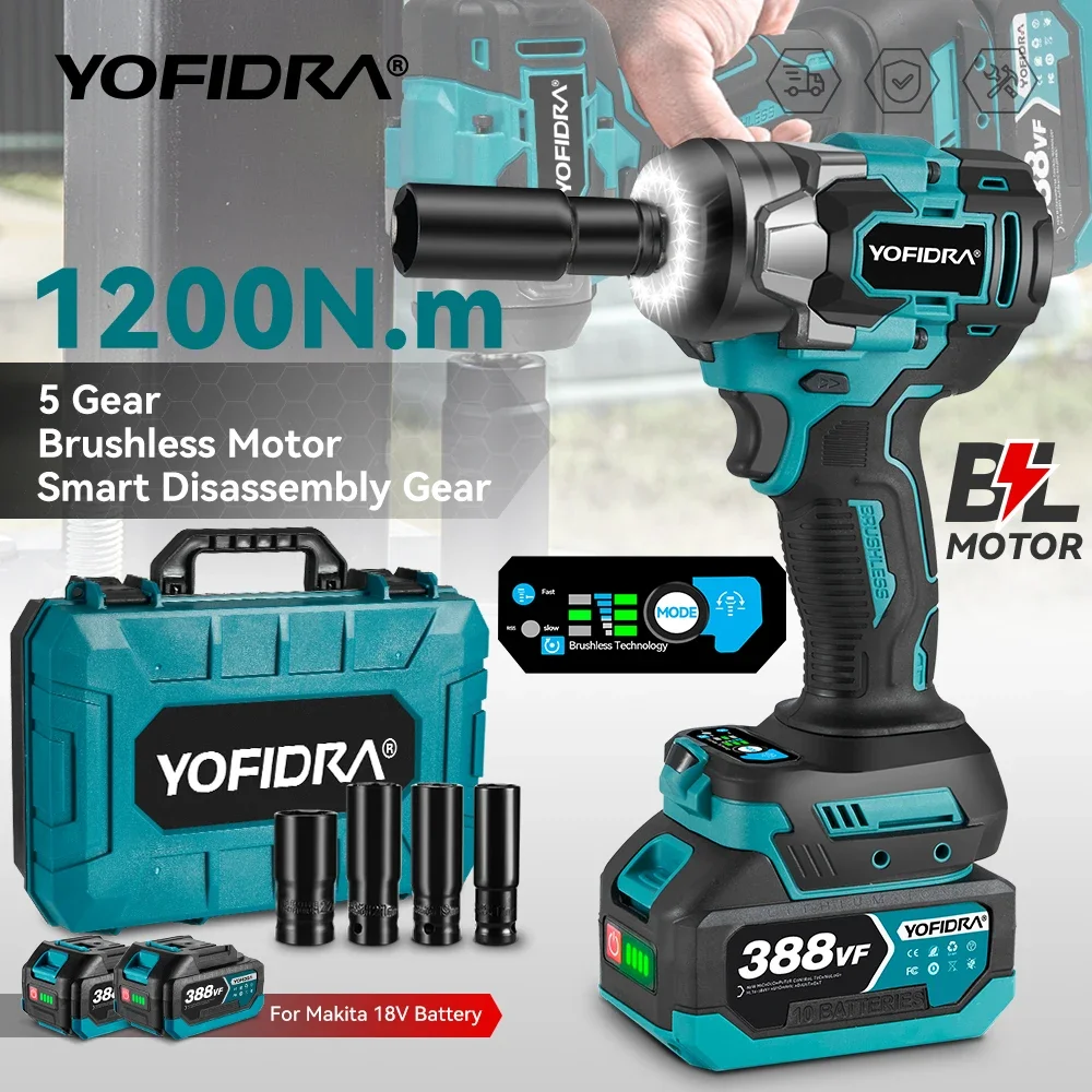 YOFIDRA Brushless 1200N.M Torque  Electric Impact Wrench Cordless Electric Wrench Screwdriver Power Tools For Makita 18V Battery