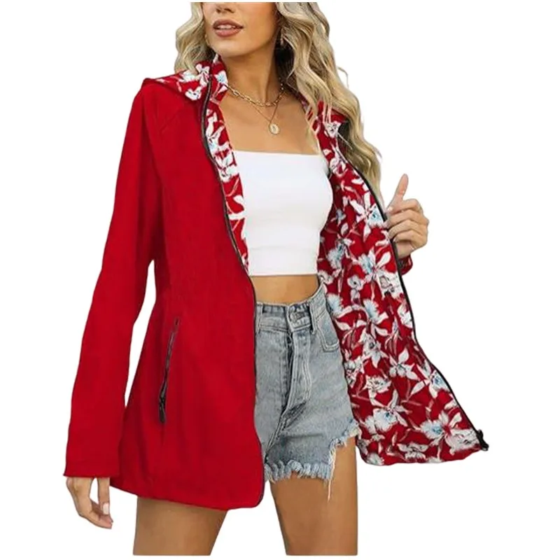 

Women Zip Pockets Hooded Jackets Fashionable Reversible Jacket Red Long-sleeved Floral Print Casual Coat Outdoor Women's Coat