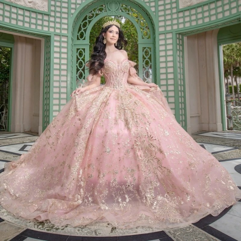 

Розовые платья Quinceanera с открытыми плечами и аппликацией из кружева с бисером, тюлевое бальное платье для вечеринки, дня рождения, Vestidos De 15 Anos Sweet 16 Dress