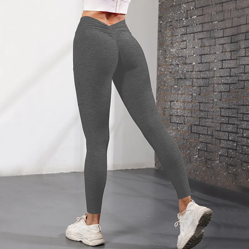 Pantalon de yoga serré à l'arrière en V pour femme, leggings de sport, poche latérale, pêche, hanche, fitness, nude, européen et américain, nouveau