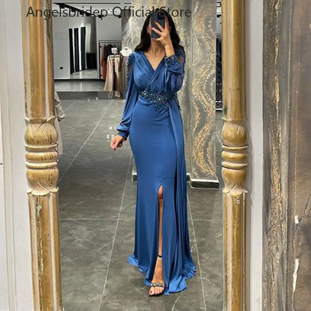 

Angelsbridep V-Neck Mermaid Prom Dresses Long Sleeves Formal Lace Beaded Robe De Mariee Pageant Dresses For Women Party Gowns