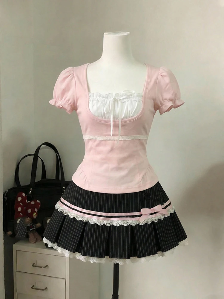

Summer Girlish Pink Sweet Short Sleeved T-Shirt Striped Lace Patchwork Half Skirt Fashion Slim Fit Tight Fitting Women's Suit