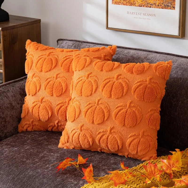 Housses de coussin en fausse fourrure pour canapé, housses de coussin en peluche douce, décorations d'automne, Aliments orange, taies d'oreiller en laine, 1PC