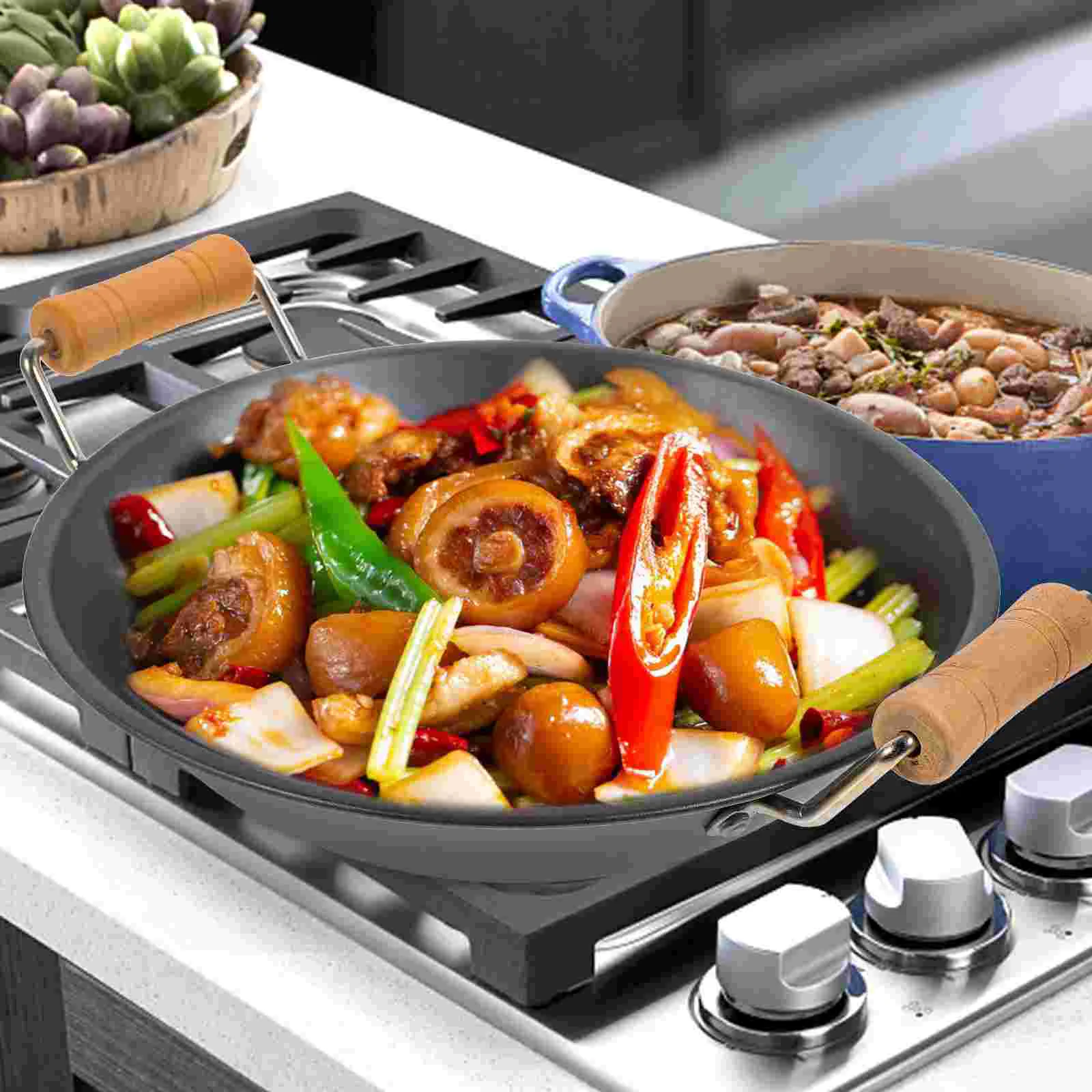 2 Pcs Stainless Steel Griddle Seafood Cooking Pan Stove Dry Pot Daily Use Black Small Wooden Paella