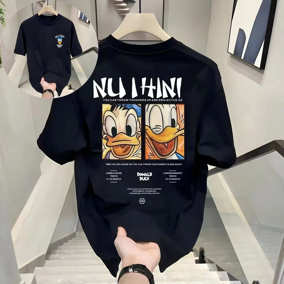 ديزني 2025 جديد حار دونالد داك نو Ihini الأسود تي شيرت الرجال النساء الصيف ملابس علوية من القطن سوق لندن طوكيو جامبل عرض النص طباعة