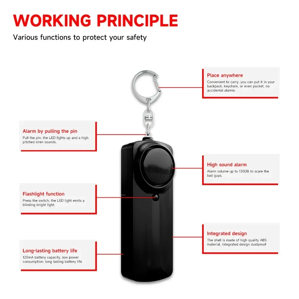 Personal Self Defense Alarm 130db Self Defense Siren Safety Alarm For Women Girl Personal Keychain Alarm with LED Alarm