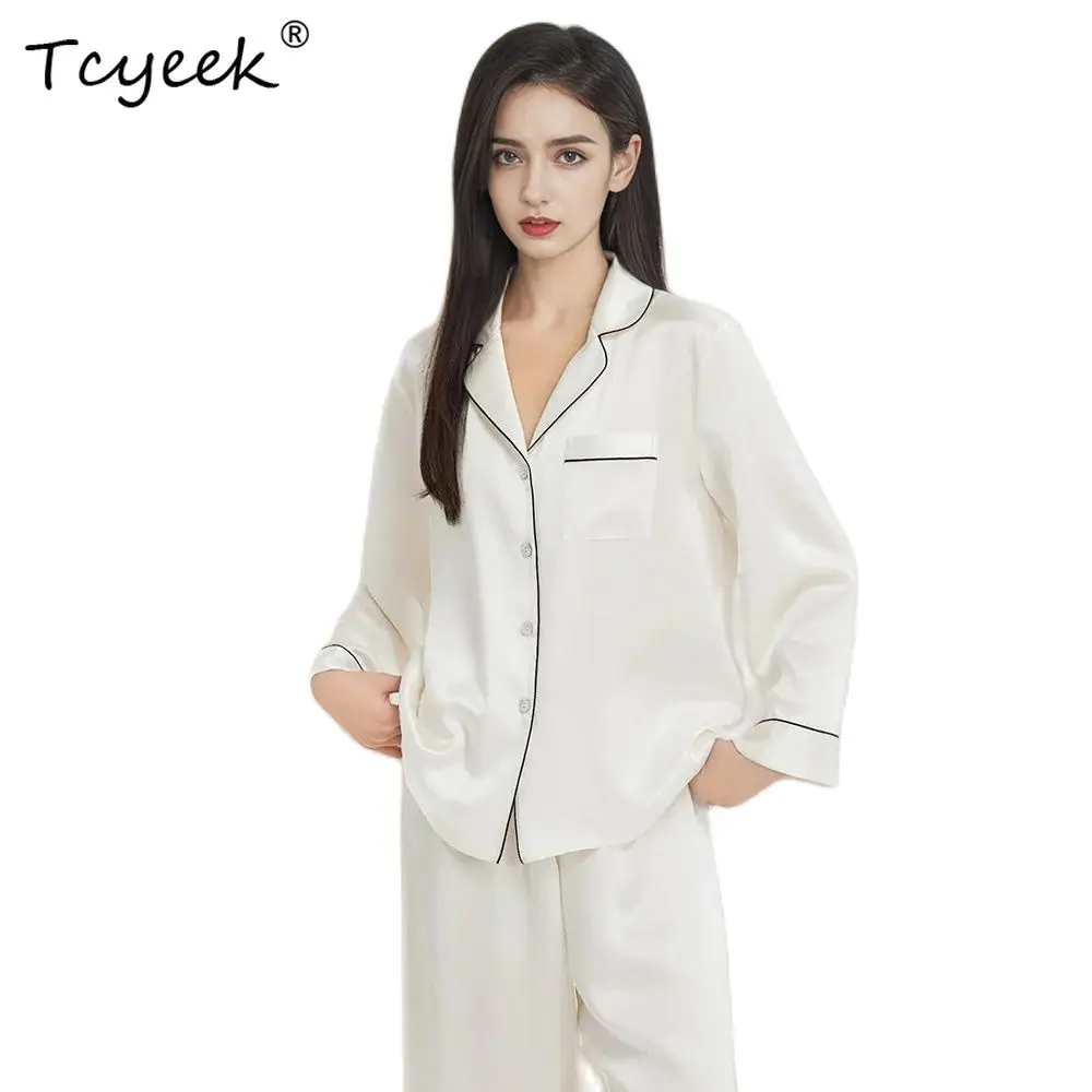 

Tcyeek, 19MM 100%Real Silk Pajamas Set, Women Long Sleeve Solid, Sexy Casual Long Pants Homewear, 2024 Summer Autumn S48086QC