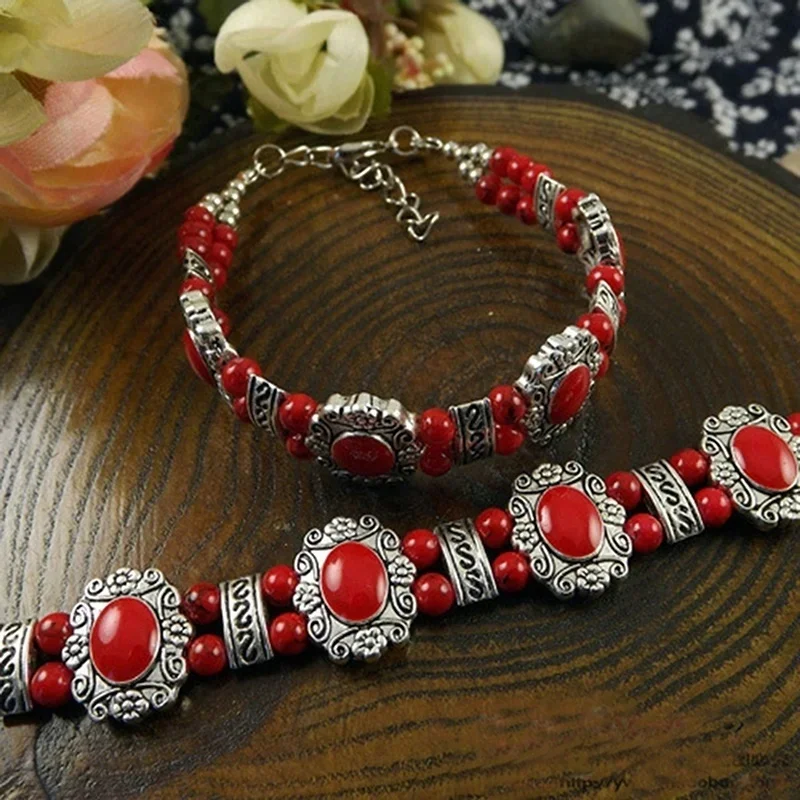 

Hot selling women's alloy bracelets, Tibetan ethnic style beads, button bracelets, classical Tibetan silver bracelets