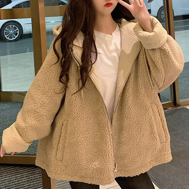 Hdspq Thick Reversible Lamb Wool Coats for Women Harajuku Loose Short Hooded Jackets Woman 2023 Winter Korean Long Sleeve Parkas