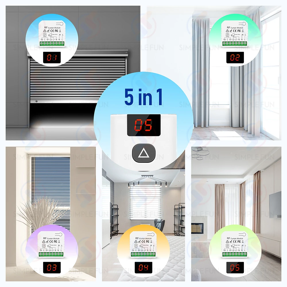 Drahtloser Vorhang-Rollverschlussschalter Tuya, WiFi RF Smart Modul für Jalousien, Markise, 5-in-1-Fernbedienung, funktioniert mit Alexa Google Home – Detail 5