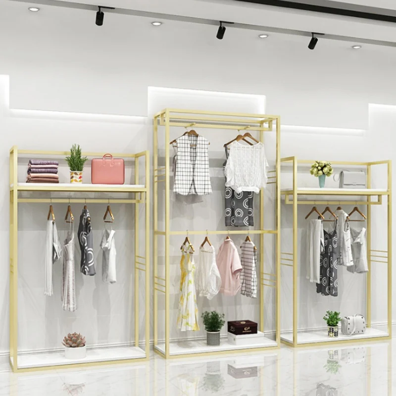 

Custom , Modern Stainless Steel Commercial Display Racks Shelves Marble Clothing Rack With MDF