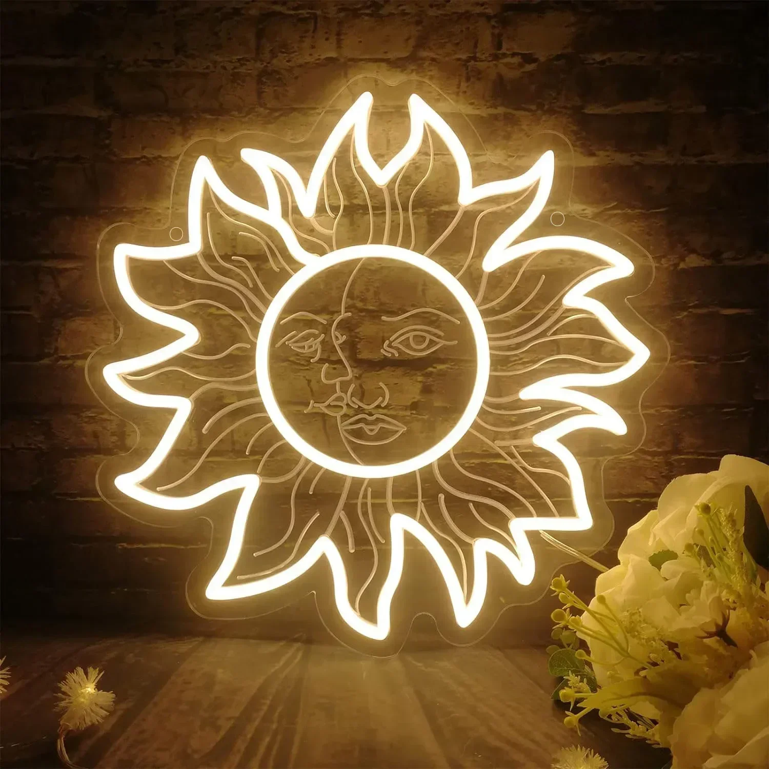 

Sun and Moon LED Neon Sunflower Neon Retro Sun Moon Face Neon Sign Independent Bohemian Style Moth Constellation Home Wall Decor