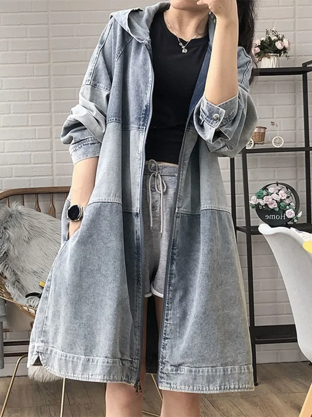 

2024 Spring Autumn New Women's Korean Version Mid-length Loose Fashion Hooded Stitching Denim Trench Coat I144