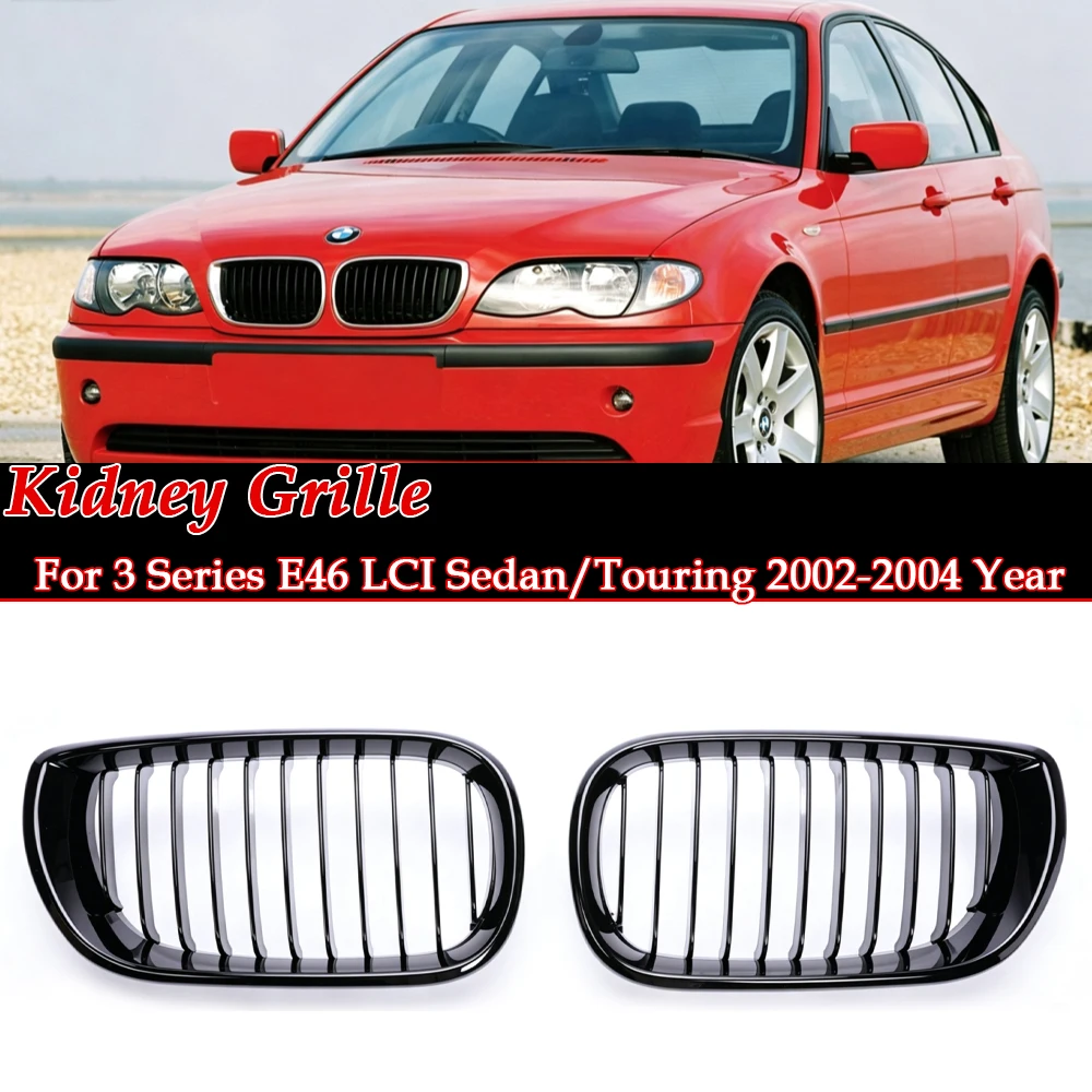 2002-2006 For BMW E46 4 Door LCI Front Kidney Grille Single Slat Half Carbon Look M Color Stripe Sport Replacement Auto Gloss Bl