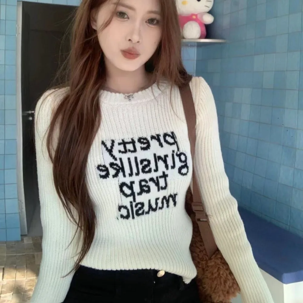 

Unique Elegant Celebrity Slim Short Pullovers Patchwork Print American Vintage Spice Girls Knitted Undershirt Stripe Tops