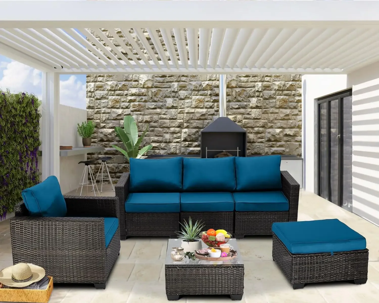 6 Pieces Pieces Patio Furniture Set Outdoor Sectional Wicker Patio Furniture Patio Couch with for Lawn, Balcony, Garden,