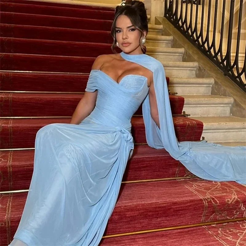 

Индивидуальные длинные вечерние платья из шифона с вырезом «сердечко», на одно плечо, с шарфом, для выпускного вечера, плиссированные, в стиле русалка, для торжественных мероприятий, для женщин