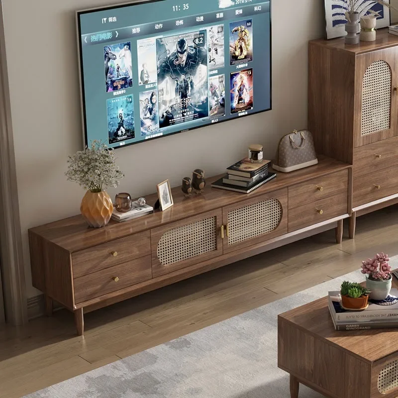 

Solid wood antique TV cabinet, retro rattan coffee table, living room home French floor locker