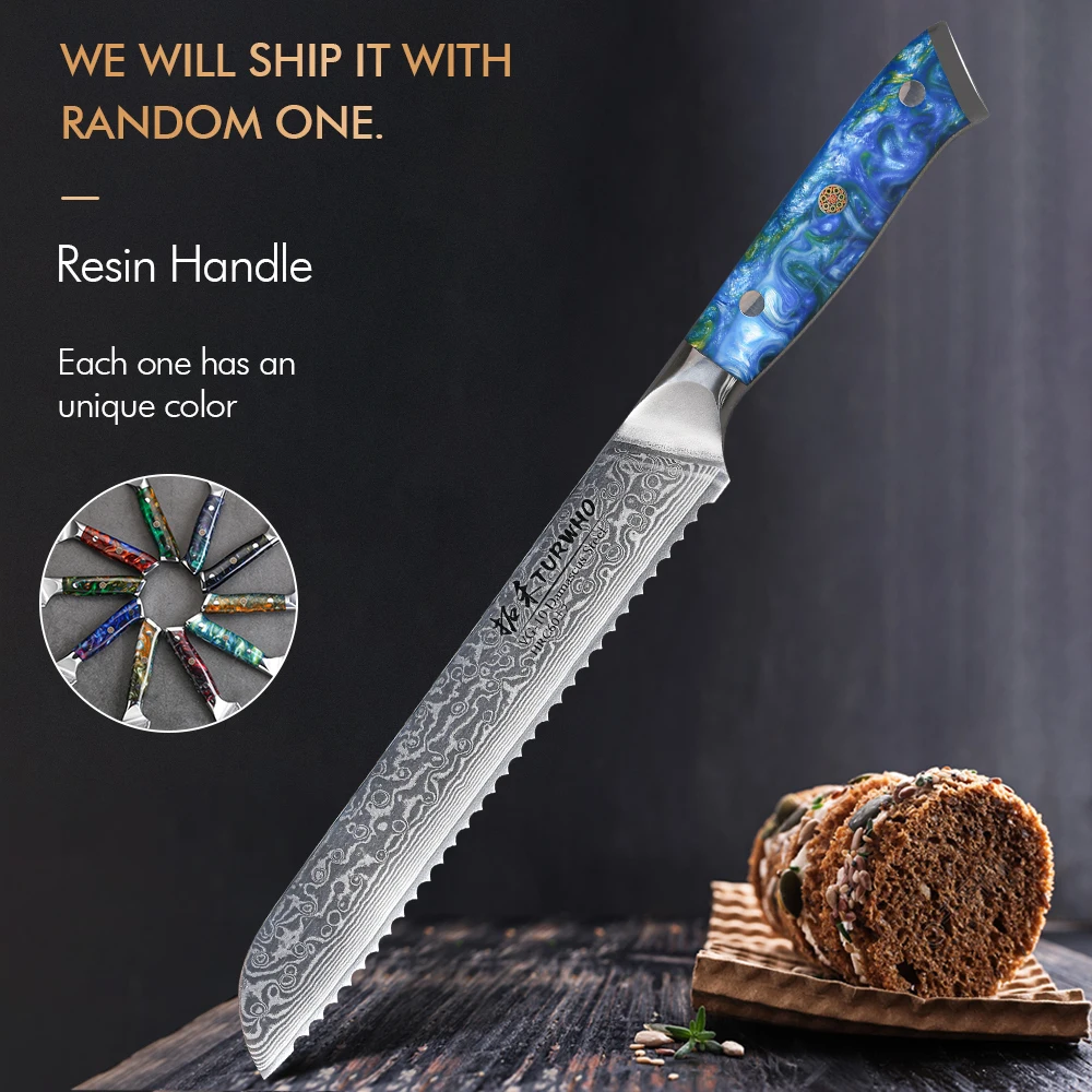 

TURWHO 8''Bread Knife 67 Layer Damascus Steel Cake Slicer Cutter Pizza Butter Pastry Knives Kitchen Baker Tool with Resin Handle