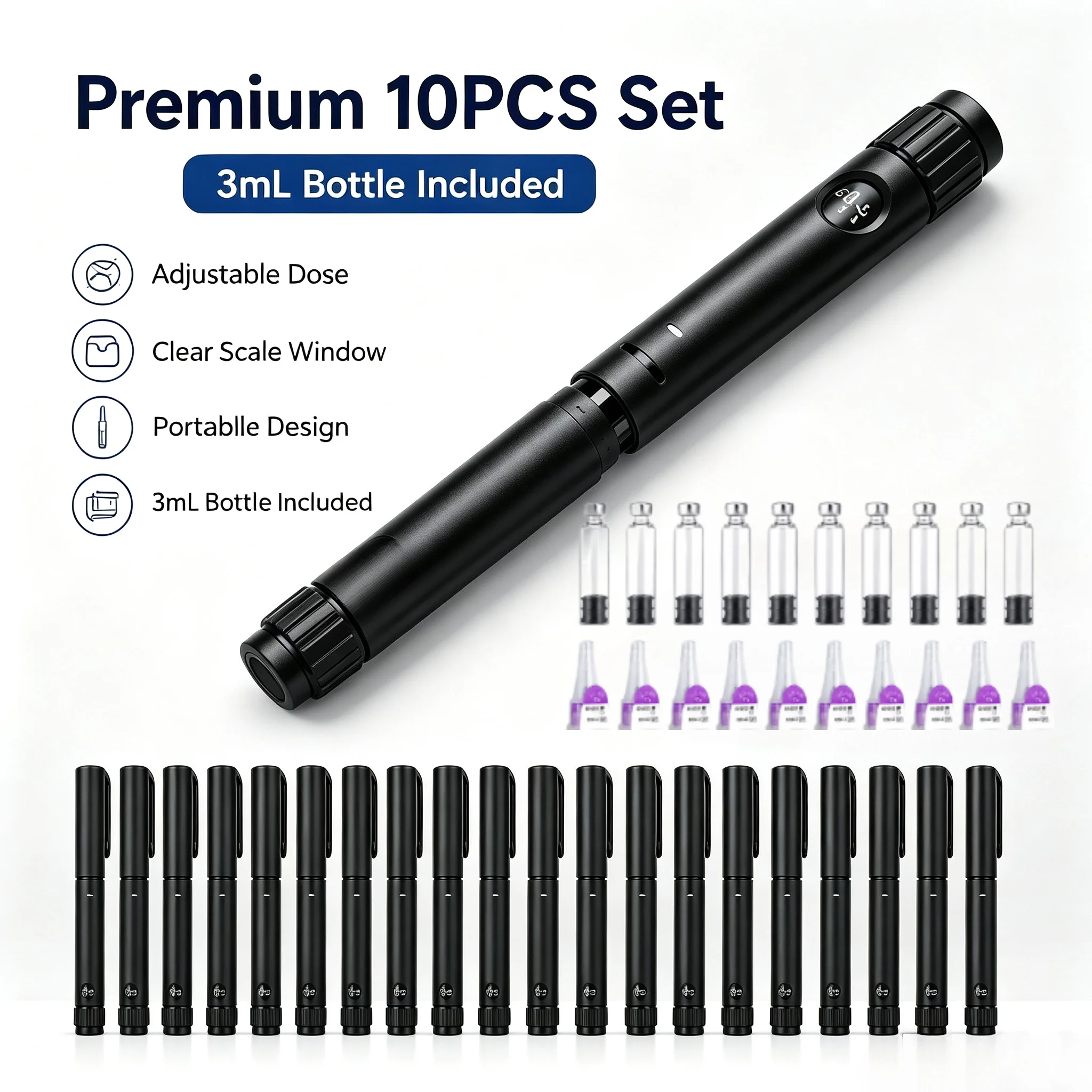 10PCS Disposable Insulin Injection Pen Set 60IU 3ml Adjustable Dose Injector with 10 Cartridges 10 Needles Home Use Magic Pen