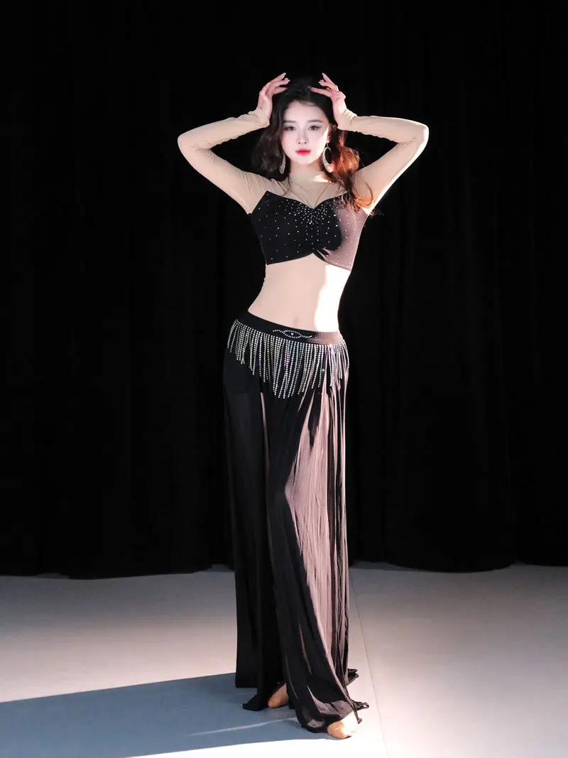 

Elegant Oriental Belly Dance Costume Set - Handmade Mesh Fringe Performance Outfit with Original Design for Professional Dancers