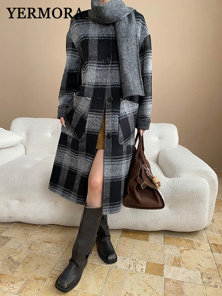 YERMORA Black Plaid Reversible Scarf Woolen Coat For Women O-Neck Long Sleeve Loose New Overcoat Fashion Tide Autumn Winter 2025