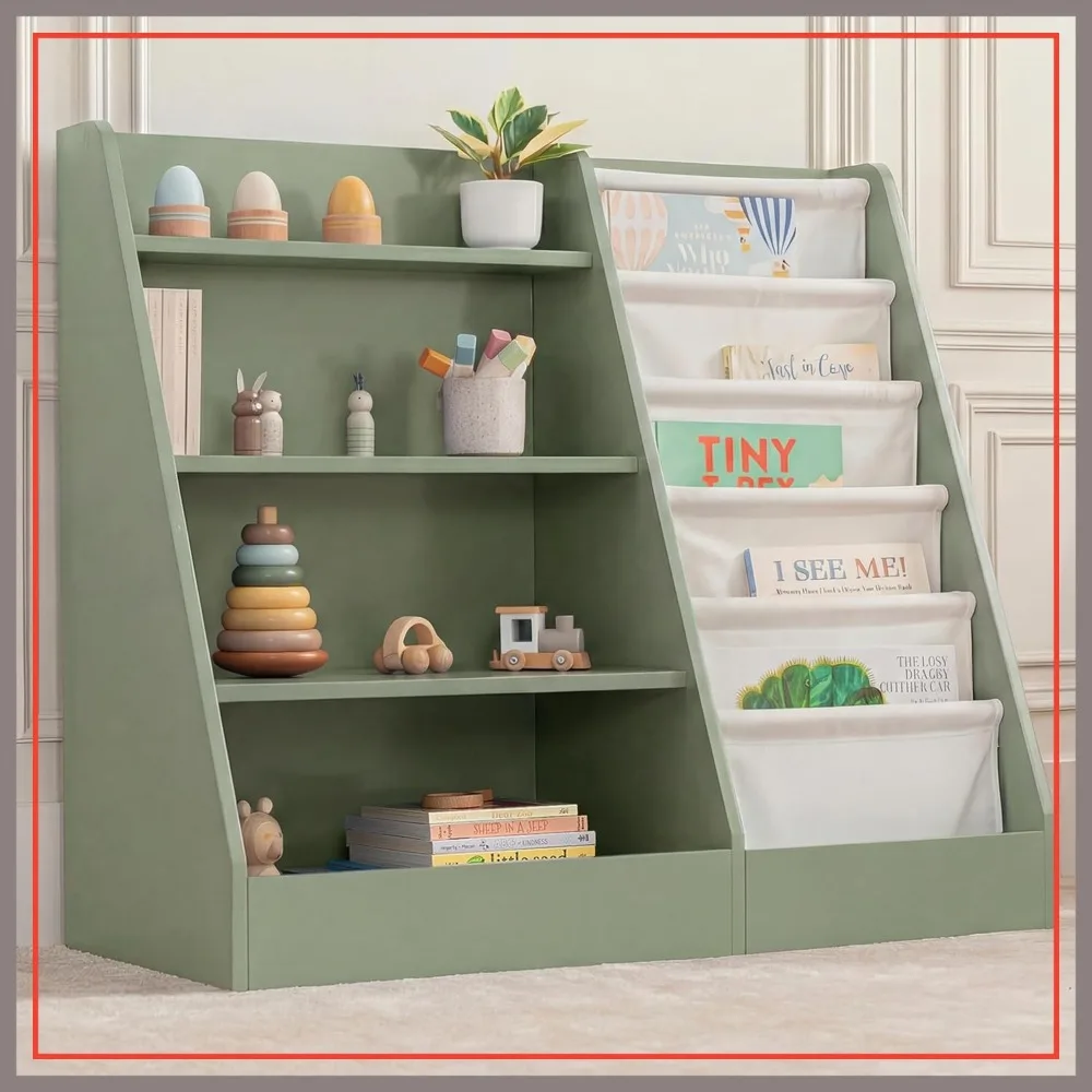 

Sturdy MDF Bookshelf 35.2 x 15.7 x 31.5 Inches - Soft & Hard Shelves for Toys & Books - Easy Access Storage Organizer - Sage