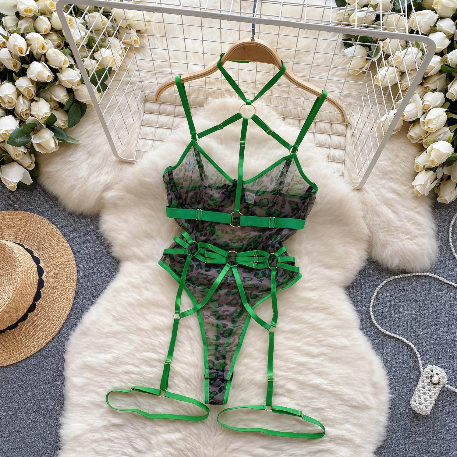 Kobiety Hotsweet Mesh Vintage Straps Bodysuits Chic Patchwork Jumpsuits Slim Hollow Out Top with Leg Rings See Through Clothing