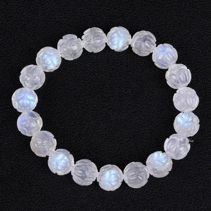 

Natural Blue Light Moonstone Crystal Bracelet 8mm 9mm Clear Lotus Carved Beads Women Men Healing Moonstone AAAAA