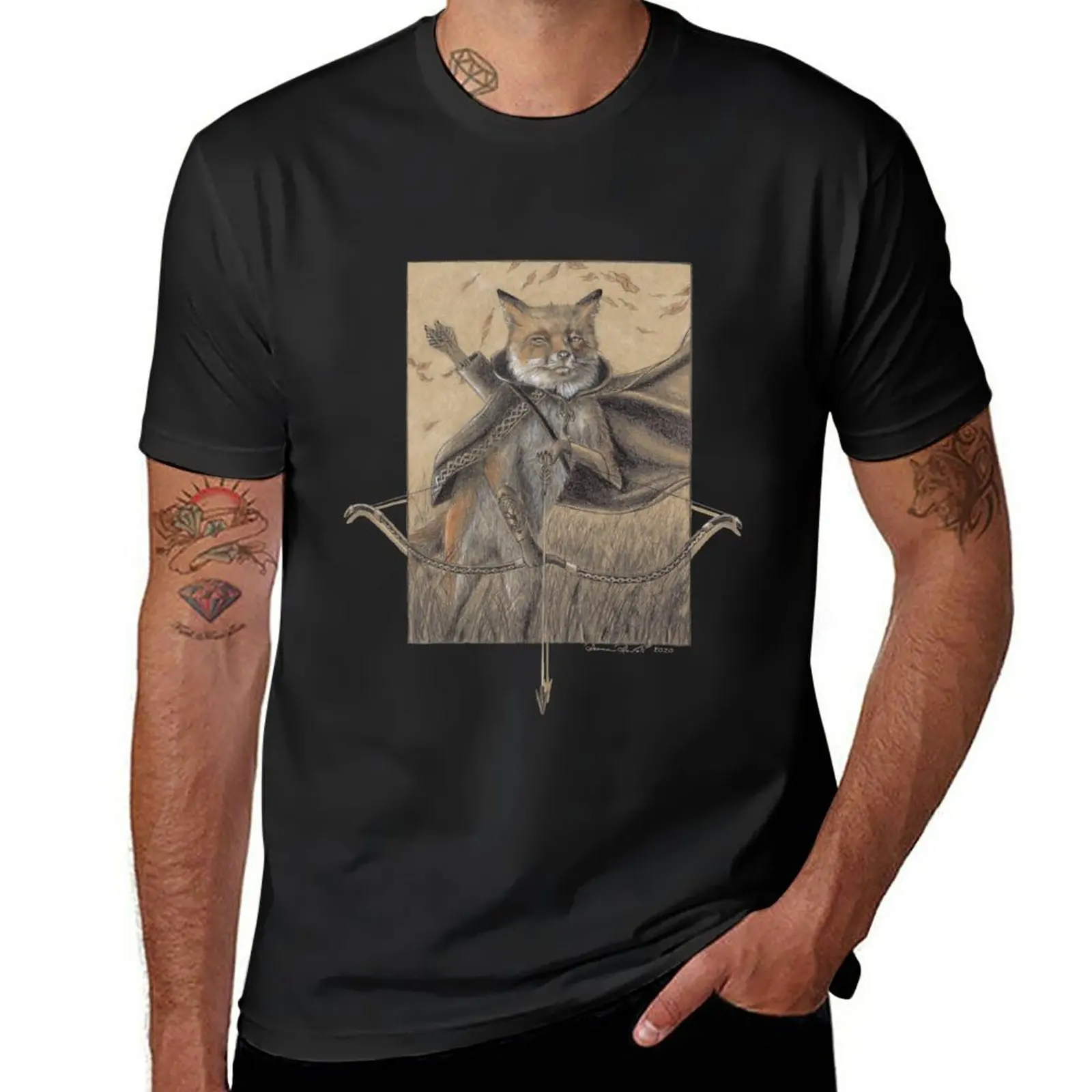 Fox Warrior Anthropomorphic Fox Fantasy Art Bow and Arrow Fall Autumn T-Shirt animal prinfor boys customs mens tall t shirts