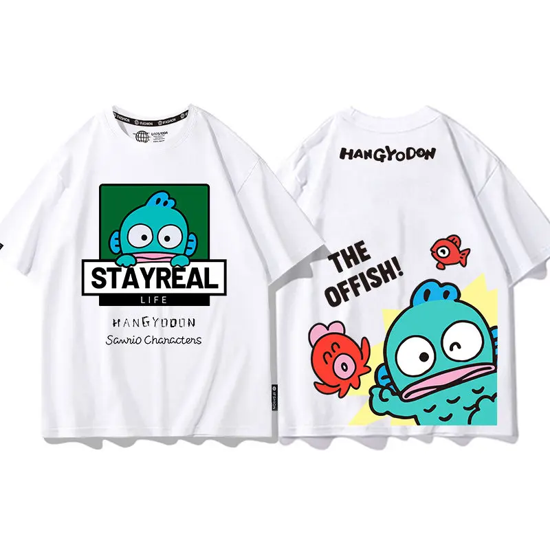 

Детская футболка белого цвета Sanrio Co Branded Ugly Fish Hanton из чистого хлопка с двусторонним принтом, модная футболка для родителей и детей