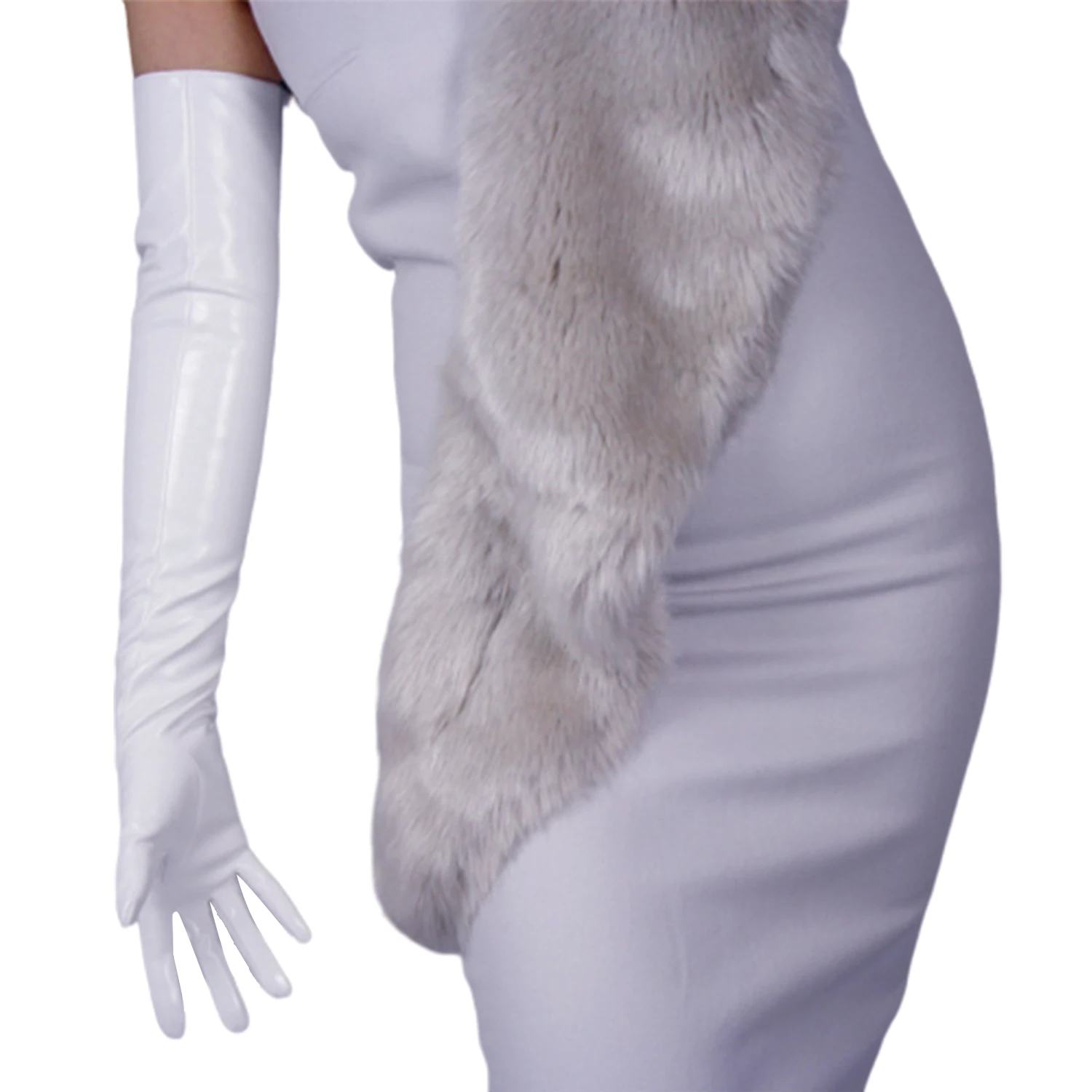 

DooWay женские белые кожаные перчатки из искусственного лакированного полиуретана с блеском из латекса с мокрым эффектом, оперные длинные вечерние перчатки для косплея, драма