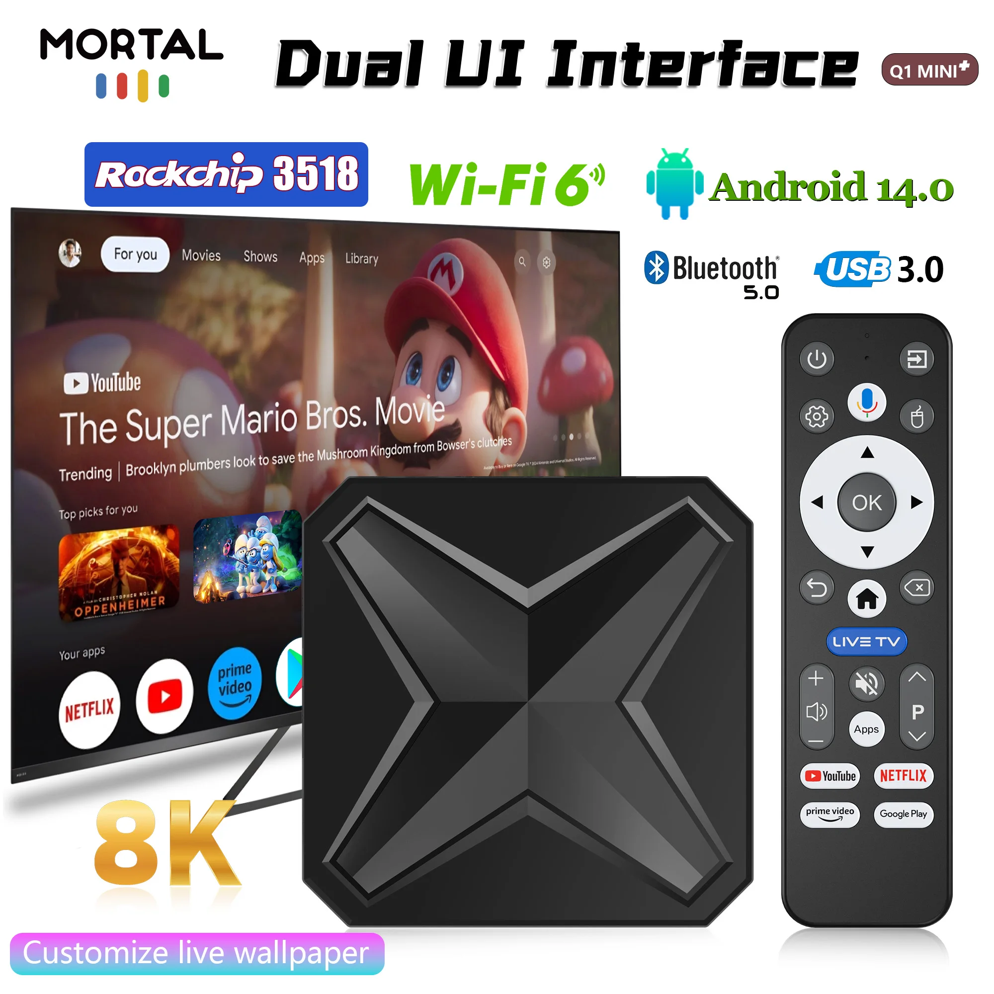 Mortal Android 14 TV Box Google Voice Netflix 4K HDR10 RK3518 WiFi6 Video USB3.0 Streaming Media Device Mali 450 MP2 Q1 Mini+
