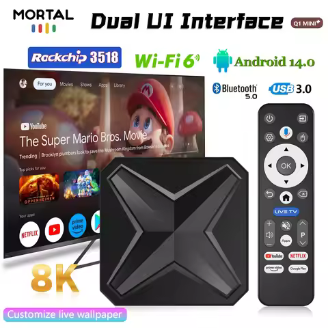 Mortal Android 14 TV Box Google Voice Netflix 4K HDR10 RK3518 WiFi6 Video USB3.0 Streaming Media Device Mali 450 MP2 Q1 Mini+