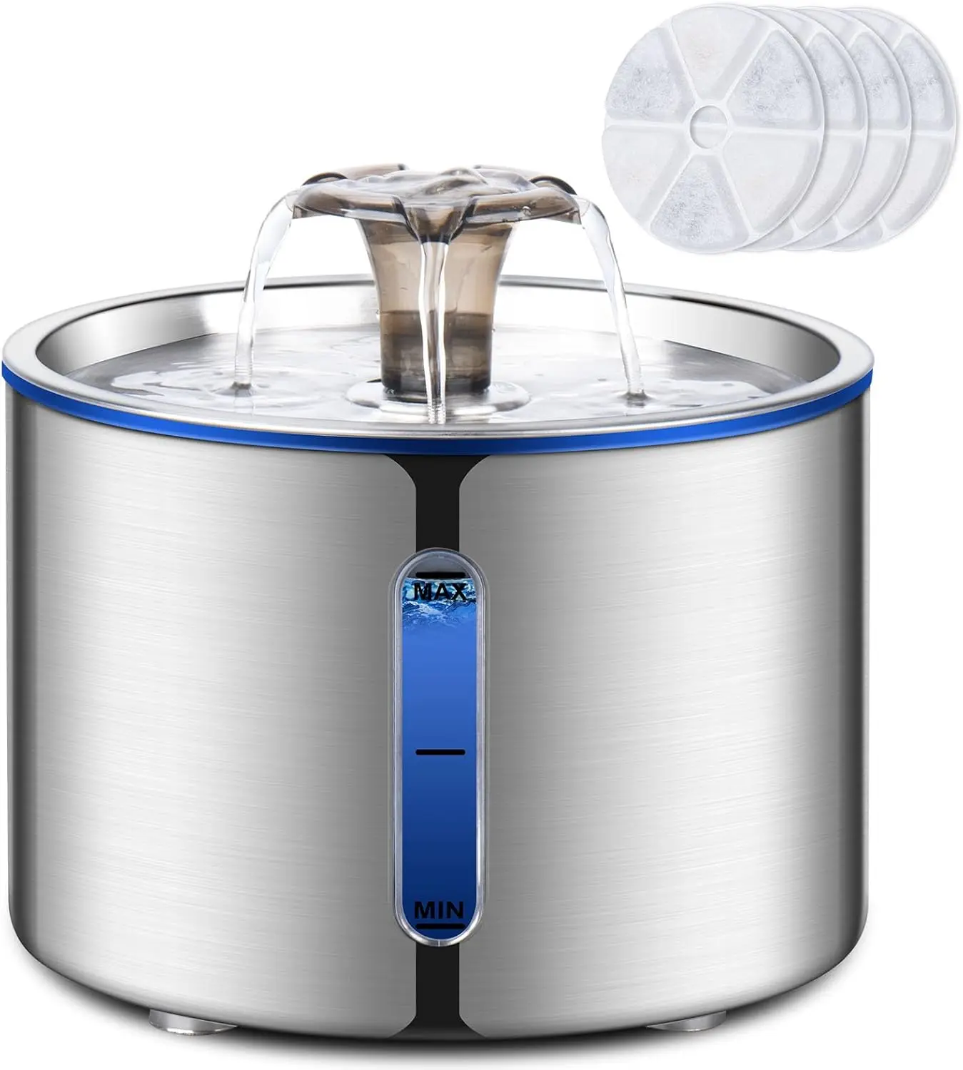 

Cat Fountain, 84oz Stainless Steel Pet Water Dispenser, Auto Refill, Quiet Pump, 4 Filters, for Cats & Dogs